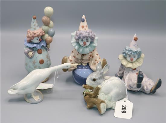 Three Lladro models of clowns, a rabbit and a goose